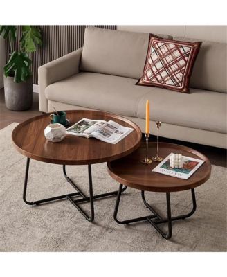 Set of 2 Round Nesting Coffee Tables, 28" and 20", Fluted Wood Look, Mid-Century Modern