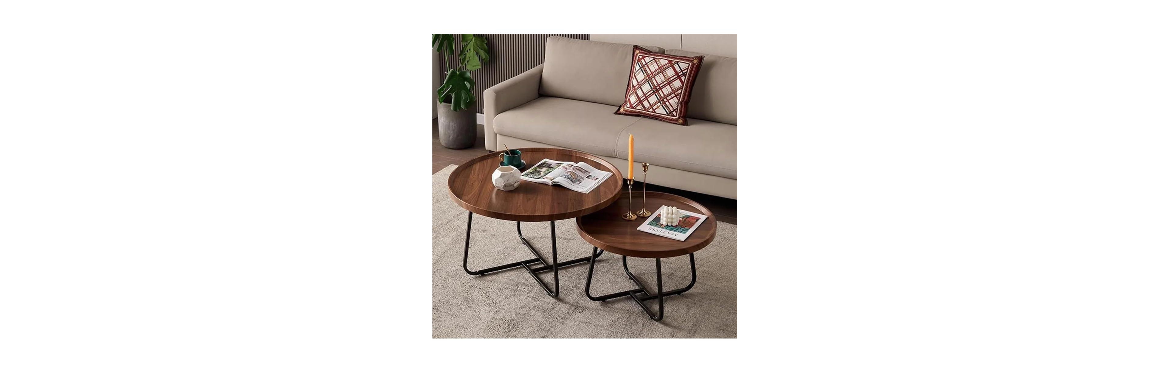 homfan Set of 2 Round Nesting Coffee Tables, 28" and 20", Fluted Wood Look, Mid-Century Modern