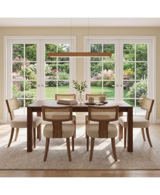 Set of 6 Mid-Century Farmhouse Dining Chairs, Linen Upholstered Chairs with Rattan Detail, Ergonomic Curved Backrest and Wooden Legs for Kitchen