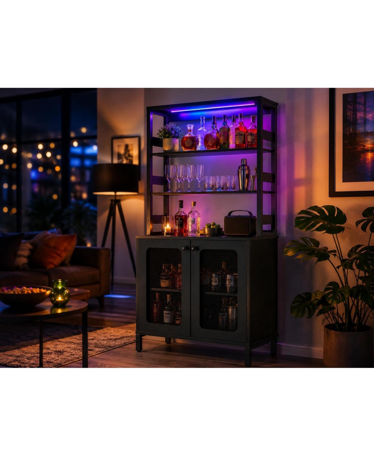 67 Inch Bar Cabinet, Farmhouse Bakers Rack with Rgb Led Lights, Power Outlet, Storage Shelves, Coffee Liquor Storage Hutch for Kitchen Dining Room