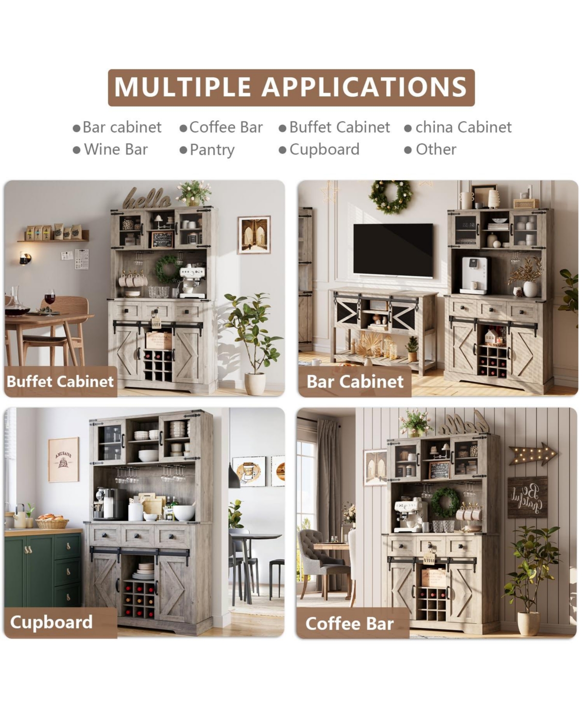 72 in Farmhouse Bar Cabinet with Sliding Barn Door, Tall Kitchen Buffet with Storage Hutch, Wine Sideboard with Wine and Glasses Rack, for Living Room