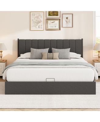 King Size Lift Up Storage Bed Frame, Linen Upholstered Platform Bed, Hydraulic System with Handle, No Box Spring Needed, Wood Slats Support