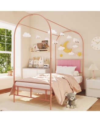 Twin Arch Canopy Bed Frame, Pink Kids Metal Platform Bed Frame with Upholstered Headboard, Underbed Storage, No Box Spring Needed Easy Assembly