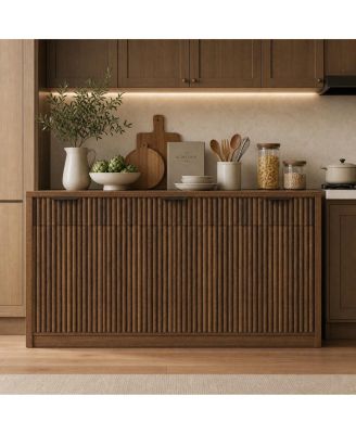 Buffet Sideboard Cabinet - Modern Fluted Storage with 3 Drawers and 4 Doors, Walnut Coffee Bar Hutch with Adjustable Shelves
