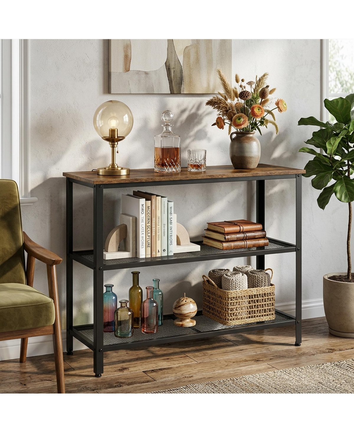40" Industrial 3-Tier Console Table with Mesh Shelves