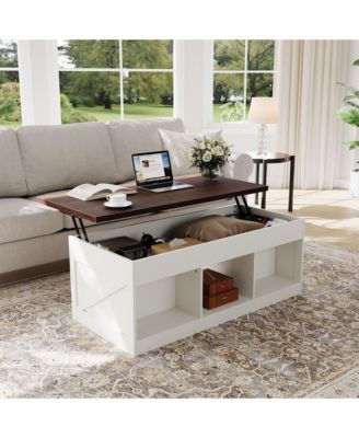 Farmhouse Lift-Top Coffee Table, Adjustable Height Hydraulic Lift,  Hidden Storage Compartment, Shelf, Versatile For Home, Office, Living Room