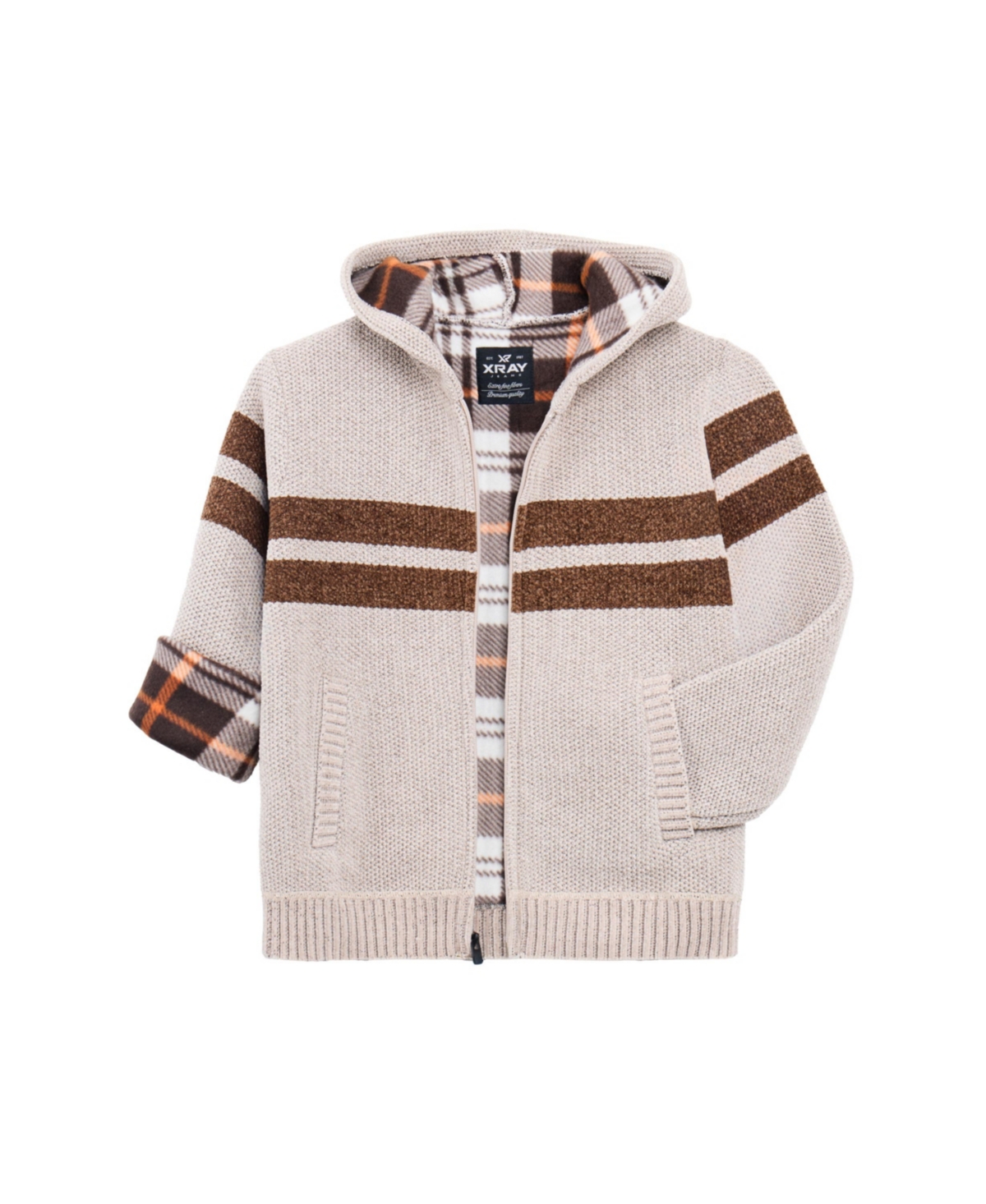 Xray Boys Hooded Flannel Lined Full Zip Sweater With Stripes