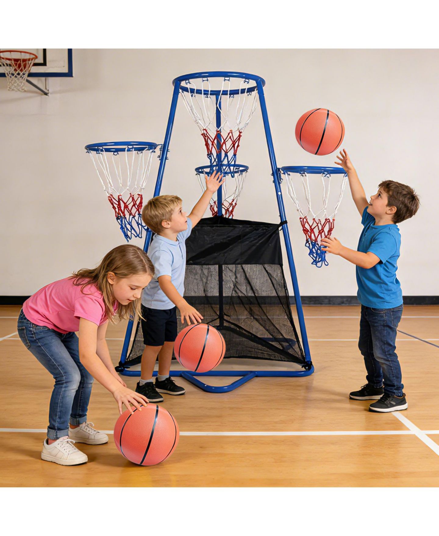 Детская игрушка homfan Compact Adjustable Basketball Hoop Stand, Metal Frame, Indoor-Outdoor with 4 Hoops and 2 Basketballs, Ages 3+ — фото 6