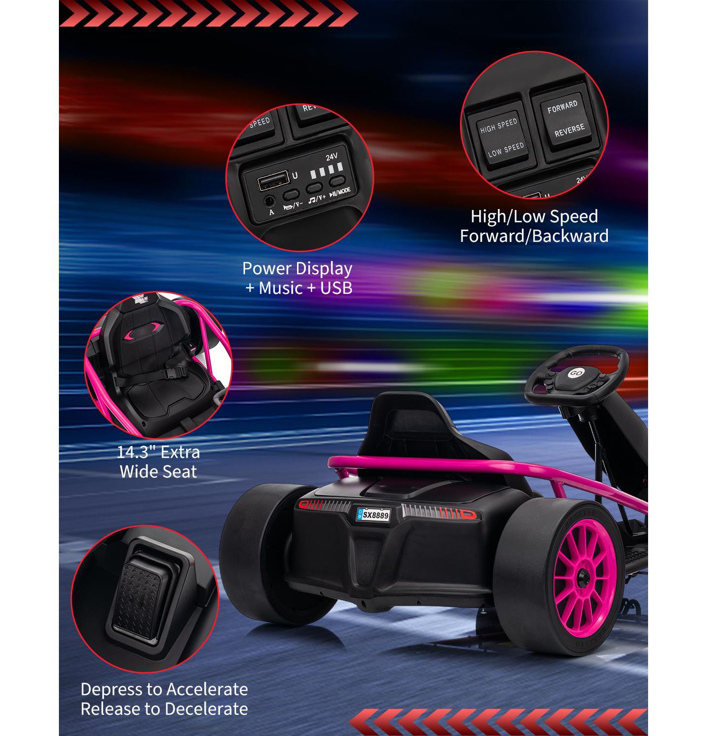 Детская игрушка homfan 43 Inch 24V Electric Dual Motor Drift Go Kart, 100 lb. Capacity, 8–12 лет — фото 5