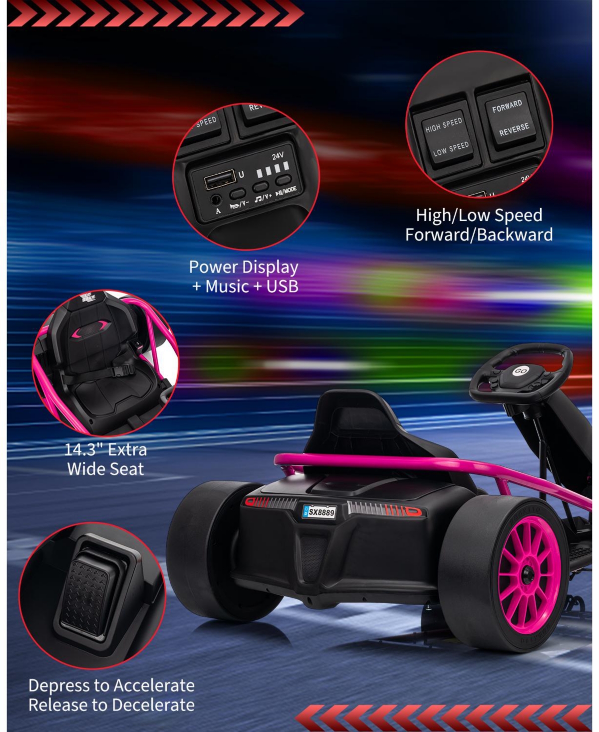 43 Inch 24V Kids Ride On Drift Go Kart, Electric Drift Racing Kart with 10 mph and Music, Brown/Rose Red/Green/Blue/Red/White, Ages 8-12