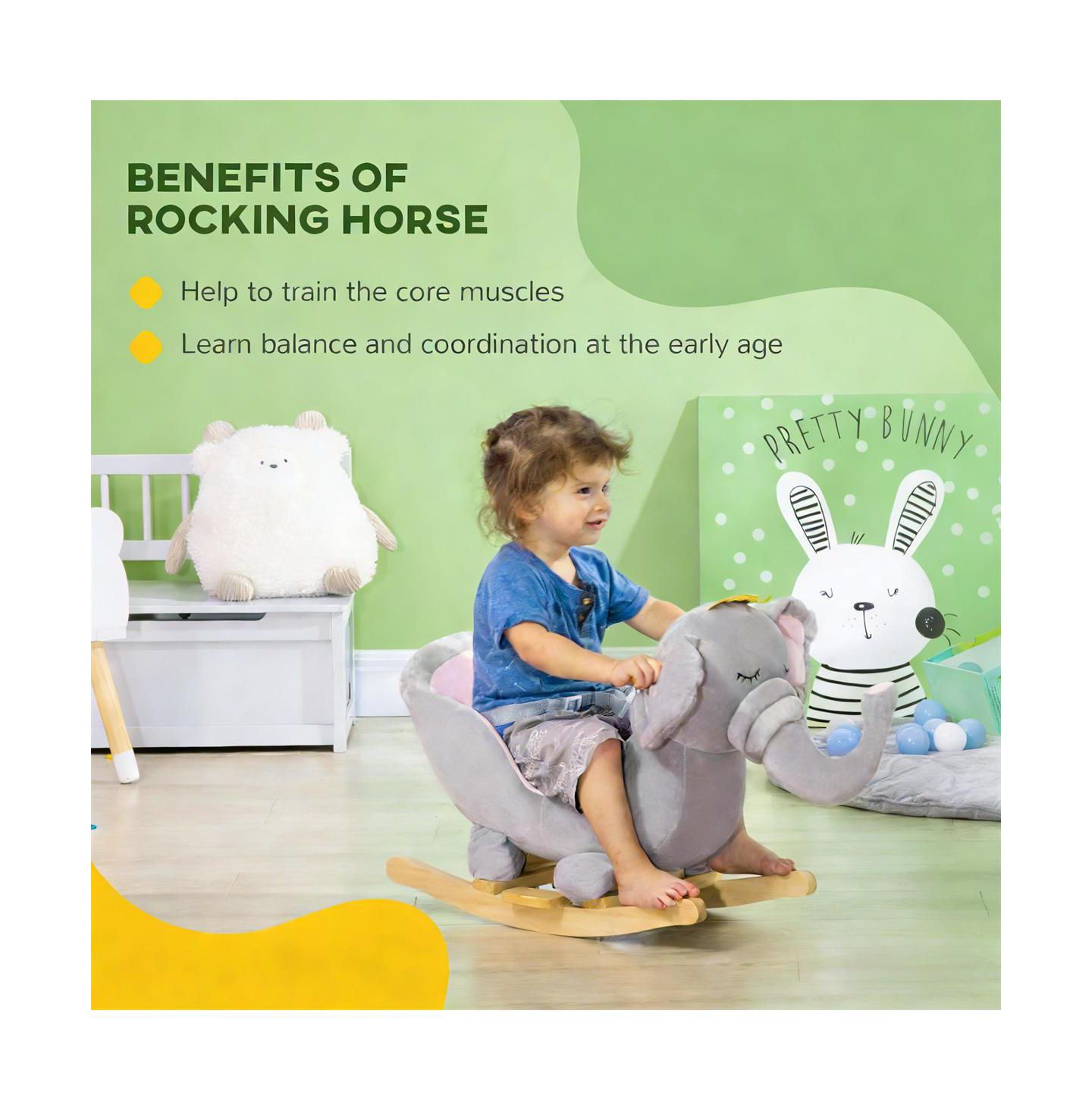 Детские мягкие игрушки YOBTOP Elephant Rocking Chair - Toddler Plush Rocker with Sound Effects, Safety Belt, Sturdy Frame, цвет: Серебряный серый — фото 4