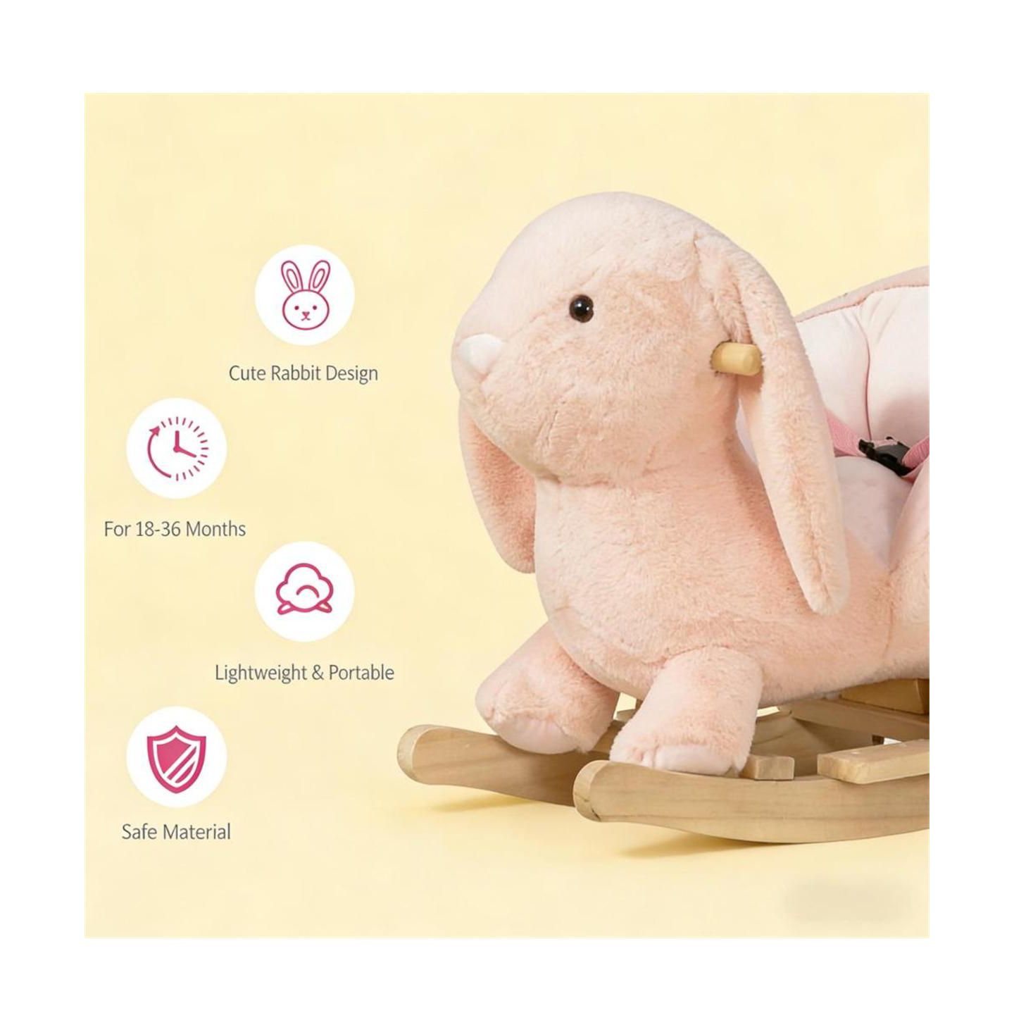 Детские мягкие игрушки YOBTOP Bunny Rocking Horse - Rabbit Wooden Plush Ride-on Toy with Sound Button, Seat Belt and Handlebars, Solid Steel Frame, цвет: Розовый — фото 4