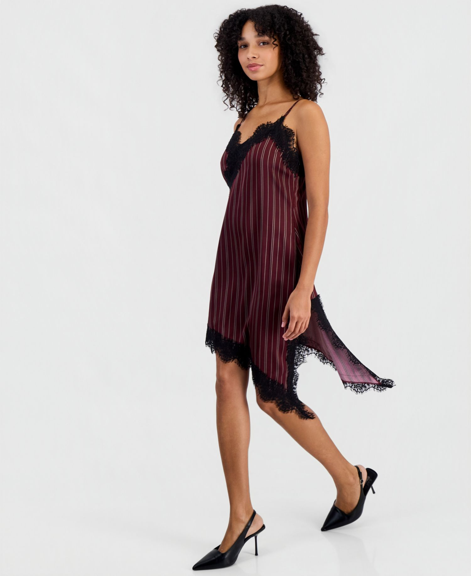Women's Pinstripe V-Neck Lace-Trim Satin Dress