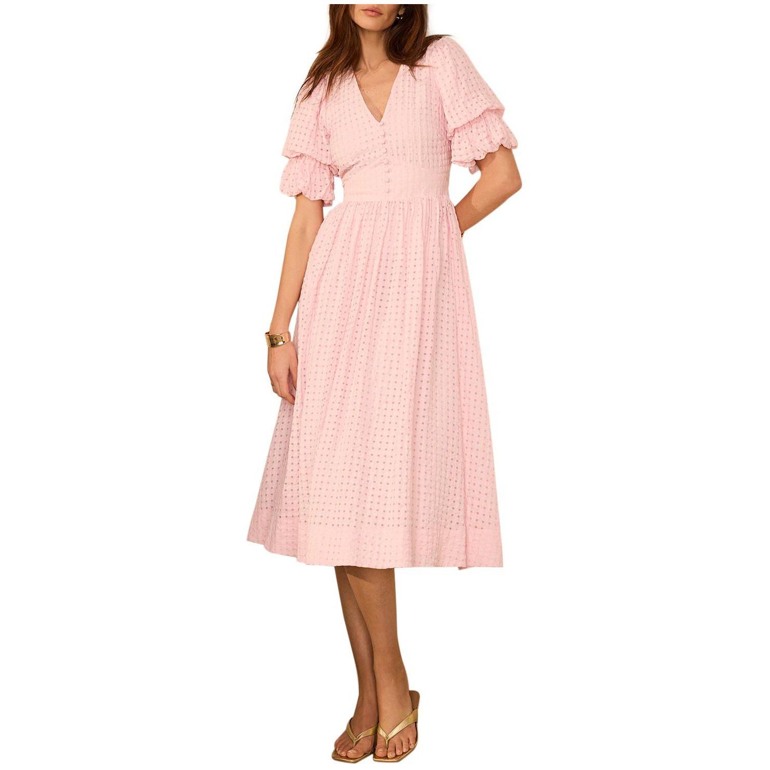 Women's Checked Puff-Sleeve V-Neck Midi Dress