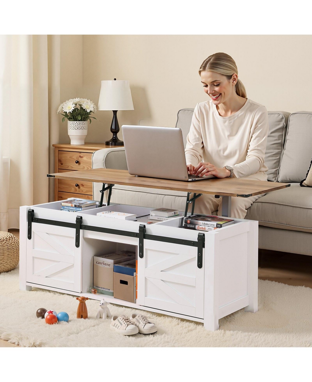 Slickblue Farmhouse Lift Top Coffee Table with Hidden Storage Compartment