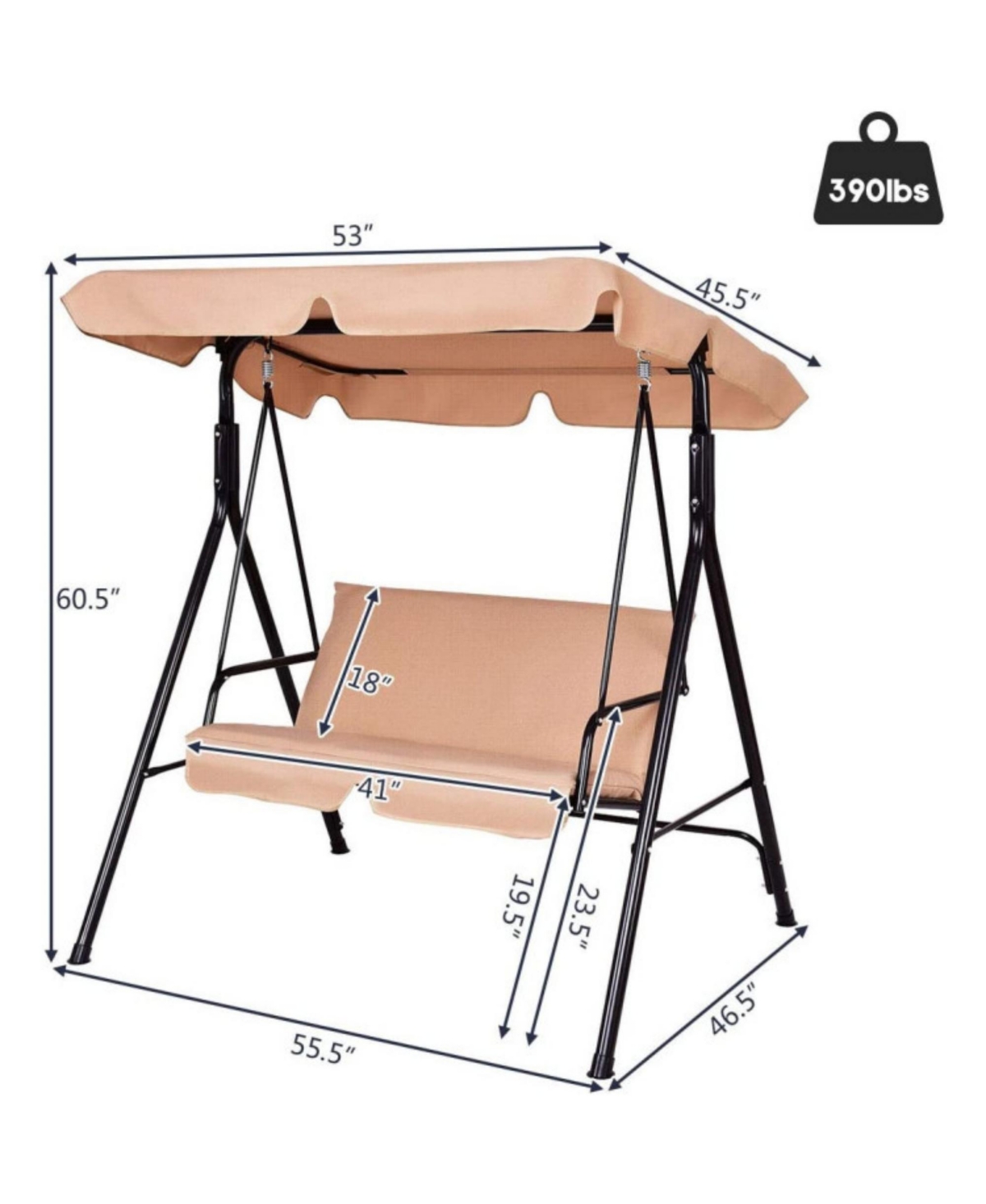 Clihome Loveseat Cushioned Patio Steel Frame Swing Glider