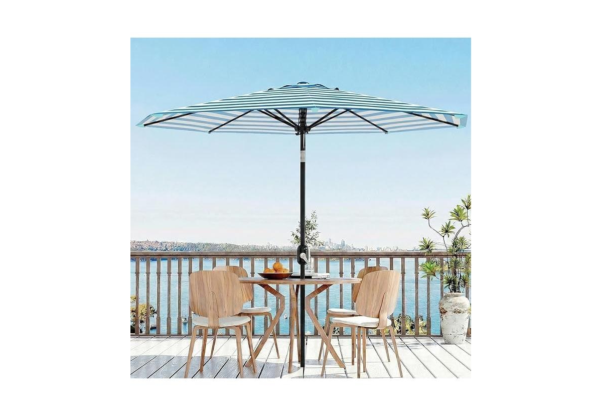 homfan 9 Feet Patio Umbrella, Outdoor Market Umbrella with Push Button Tilt and Crank, 8-Rib Iron Frame, Stripe