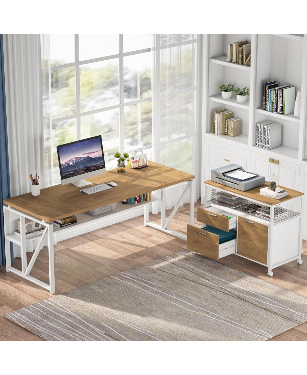 Tribesigns 63" Computer Desk with Bottom Shelf, Light Oak
