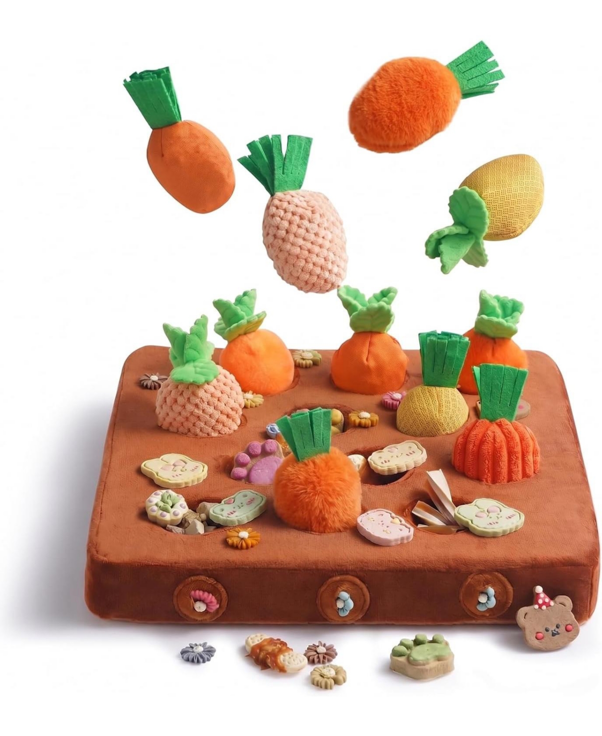 Nocciola 12 Pack Carrot Field Snuffle Dog Toys, Various-Fabric Squeaky Carrots with Hide and Seek Treat-Hiding Plush Mat