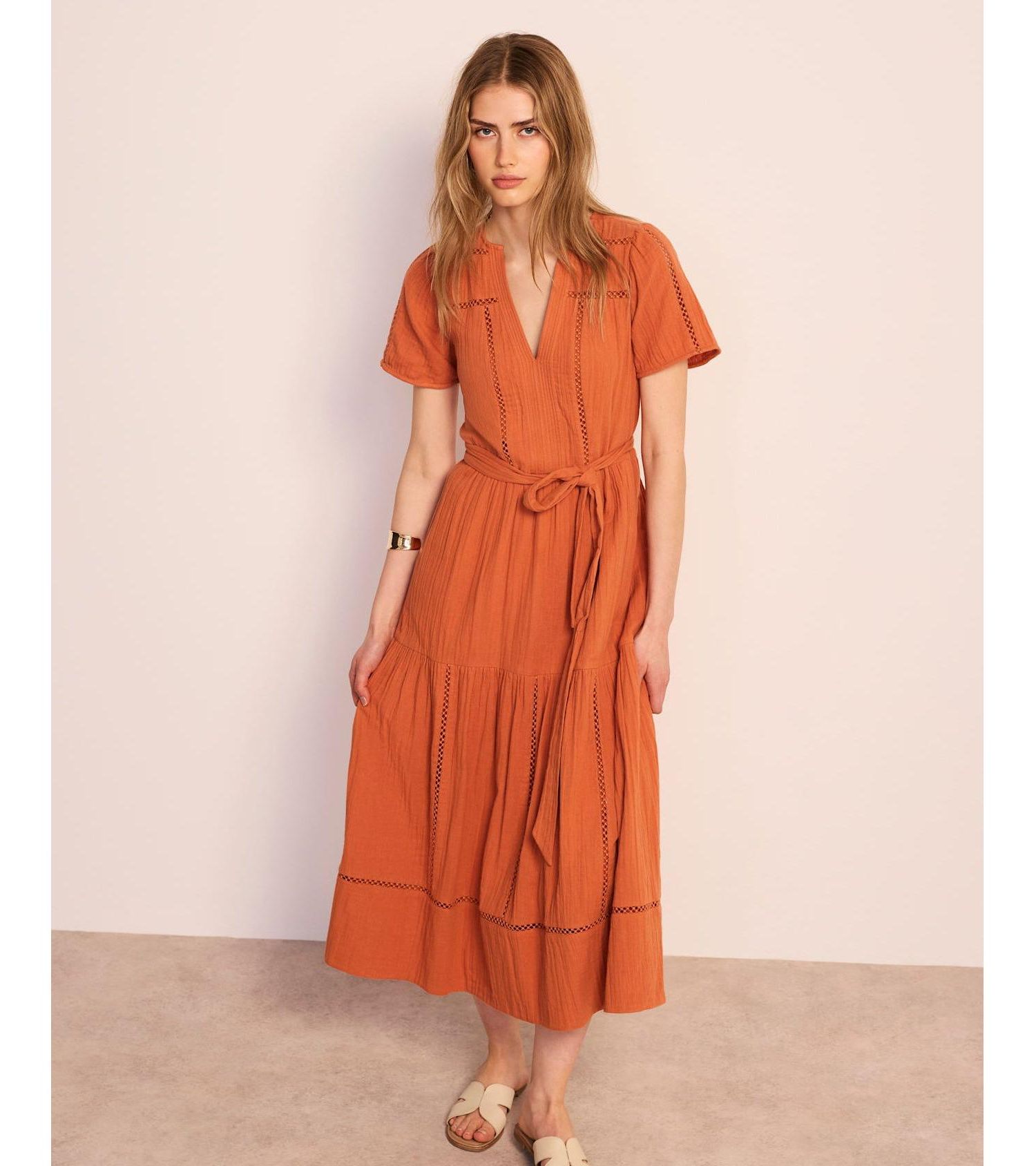 Women's V-Neck Short-Sleeve Cotton Cheesecloth Maxi Dress