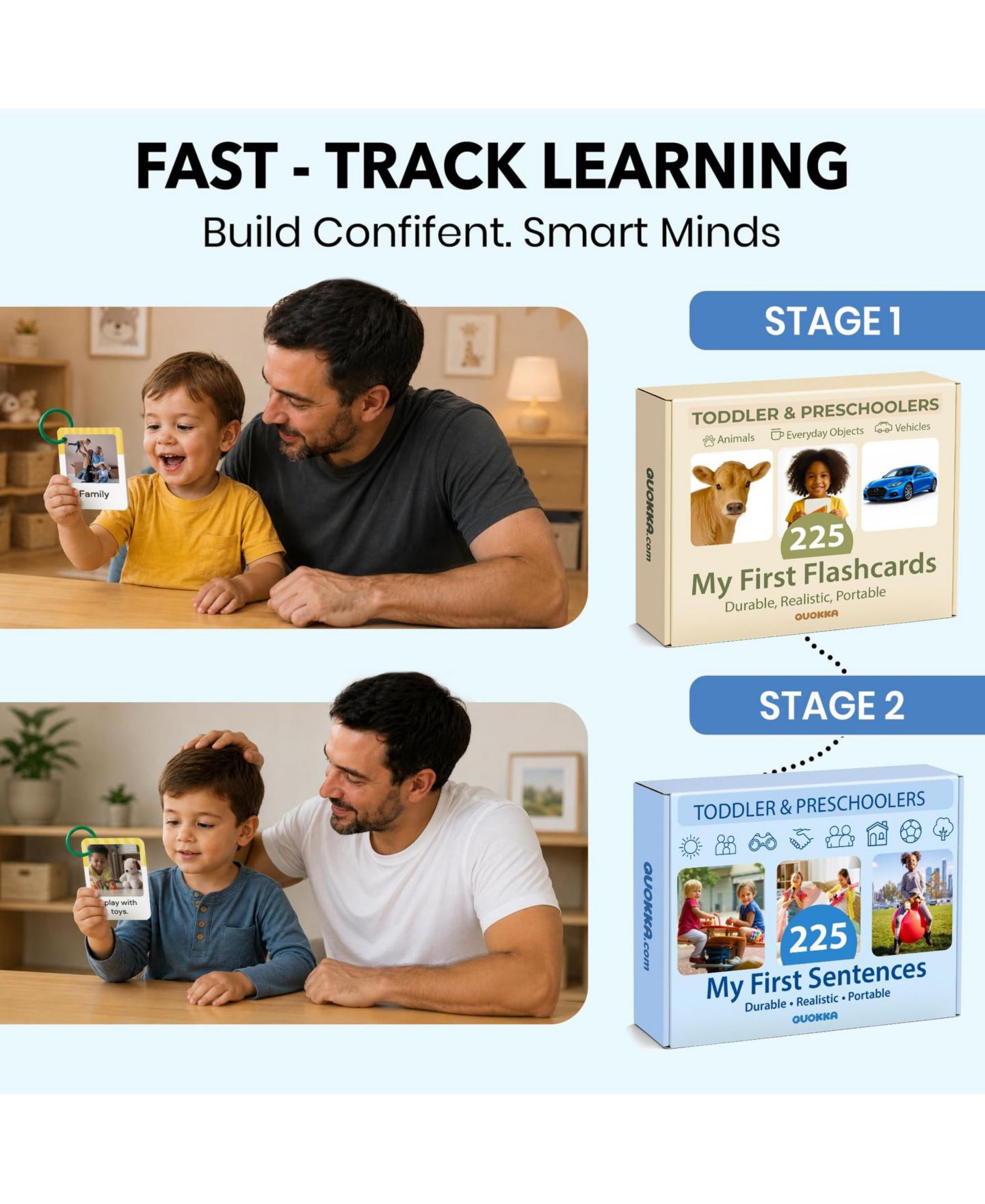 Детские игрушки Quokka 225 Toddler First Sentence Flash Cards with Rings - Realistic Learning Cards for Ages 1 - 3 - Family, Daily Routine and Everyday Phrases, цвет: Toddler Flashcards — фото 6