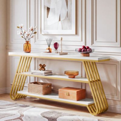 70.9" Sofa Console Table with Faux Marble Top, 3-Tier