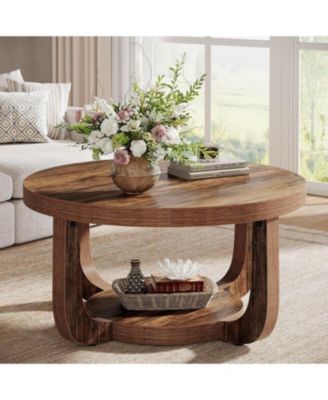 Round Coffee Table, 2-Tier Circle Coffee Table with Storage, Thick Tabletop and Base