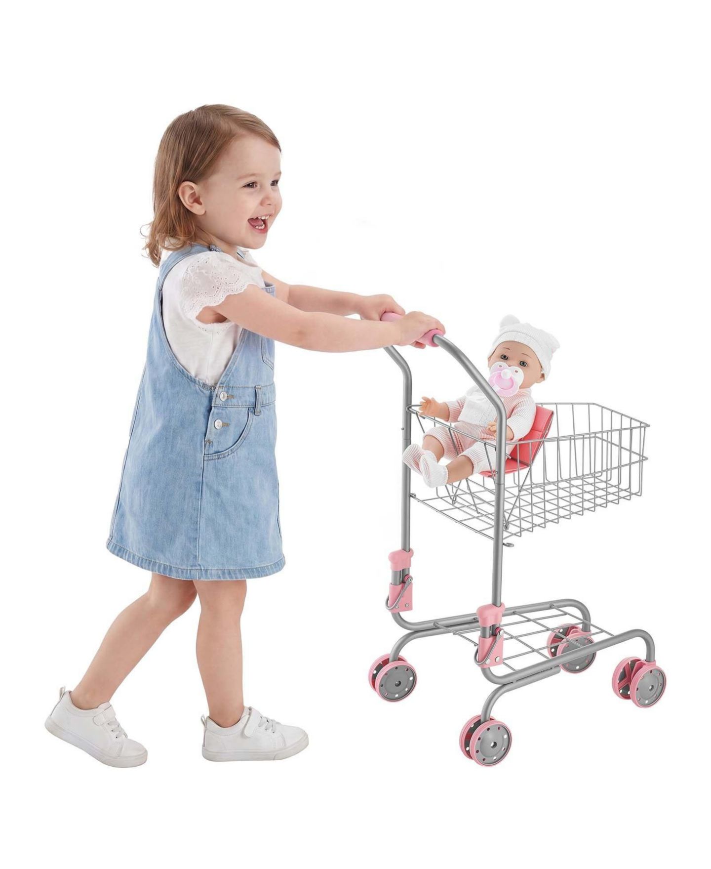 Детская игрушка SUGIFT Kids Pretend Play Shopping Cart with 6 L Basket and 12-in Doll for Ages 3+, цвет: Розовый — фото 2