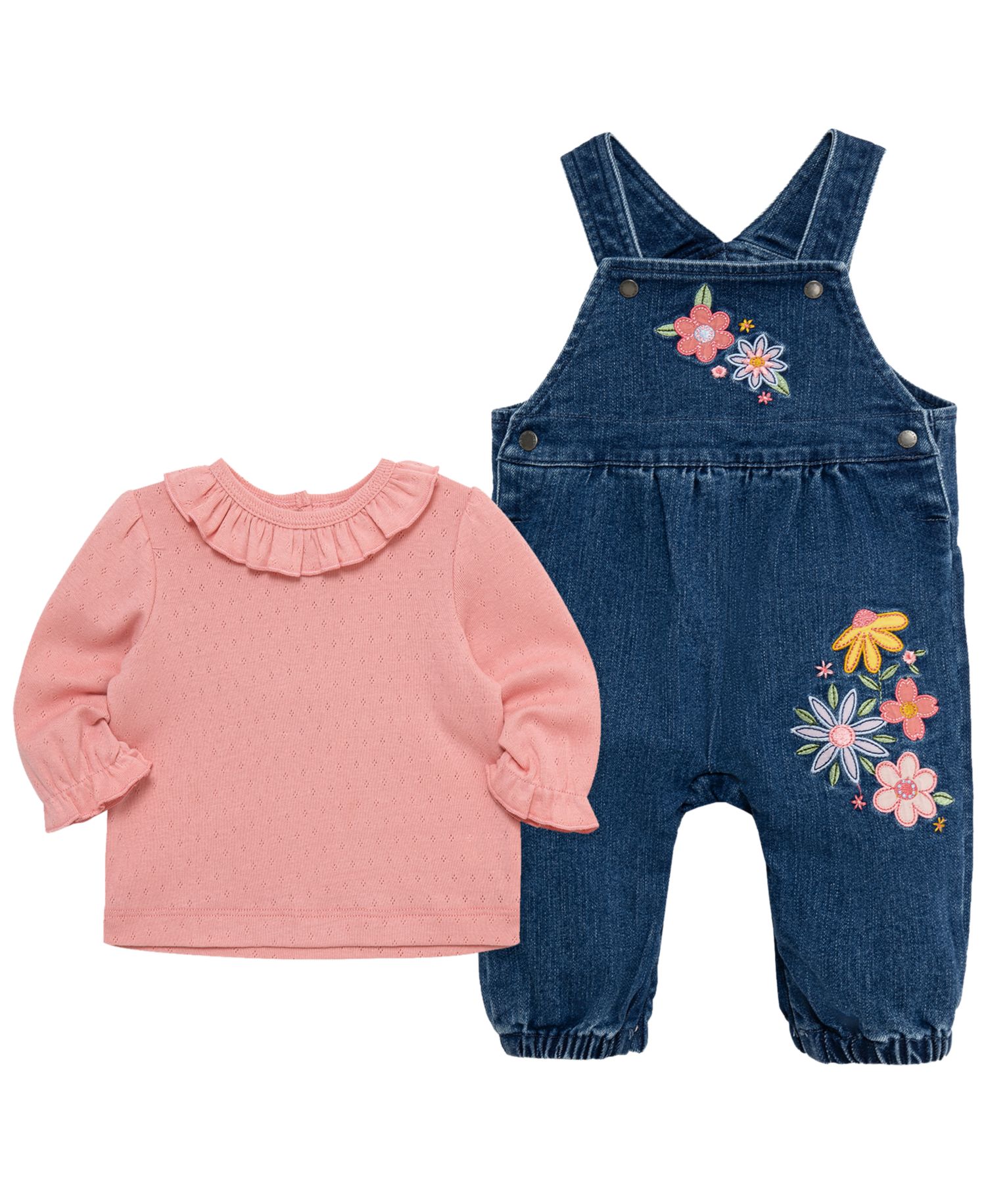 Baby Girls' Round Neck Top and Flowers Overall, 2-Piece Set