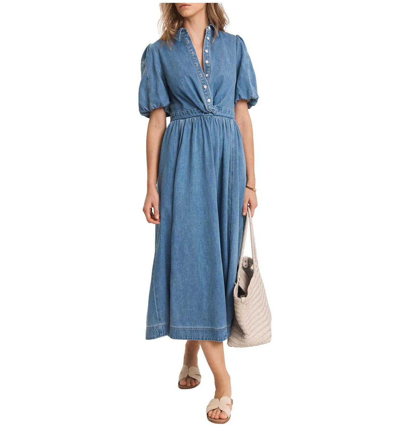 Женское платье Mint Velvet Twist Puff-Shoulder Cotton-Blend Denim Midi, цвет: Синий — фото 1