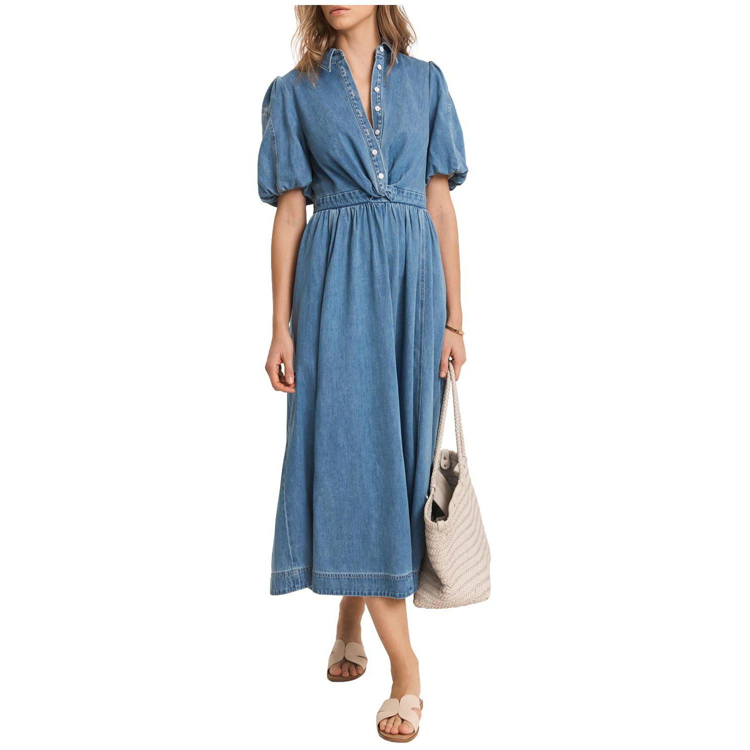 Women's Twist Puff-Shoulder Cotton-Blend Denim Midi Dress