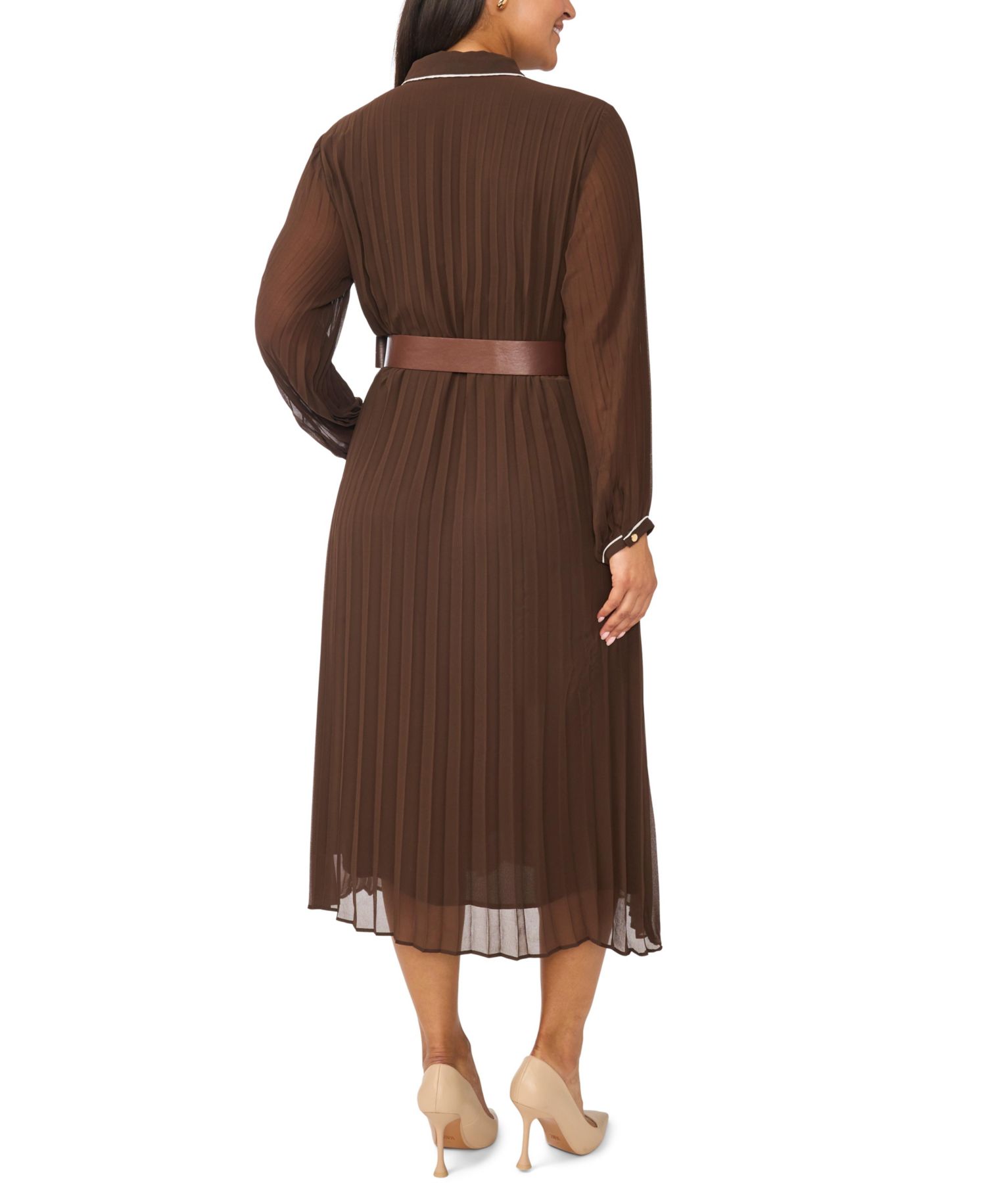 Plus Size Pleated Button-Up Long-Sleeve Midi Dress