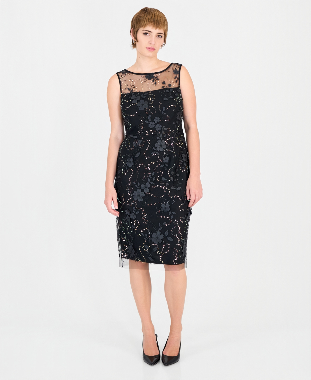 Connected Women's Floral-print Sequin Boat-neck Sheath Dress In Black