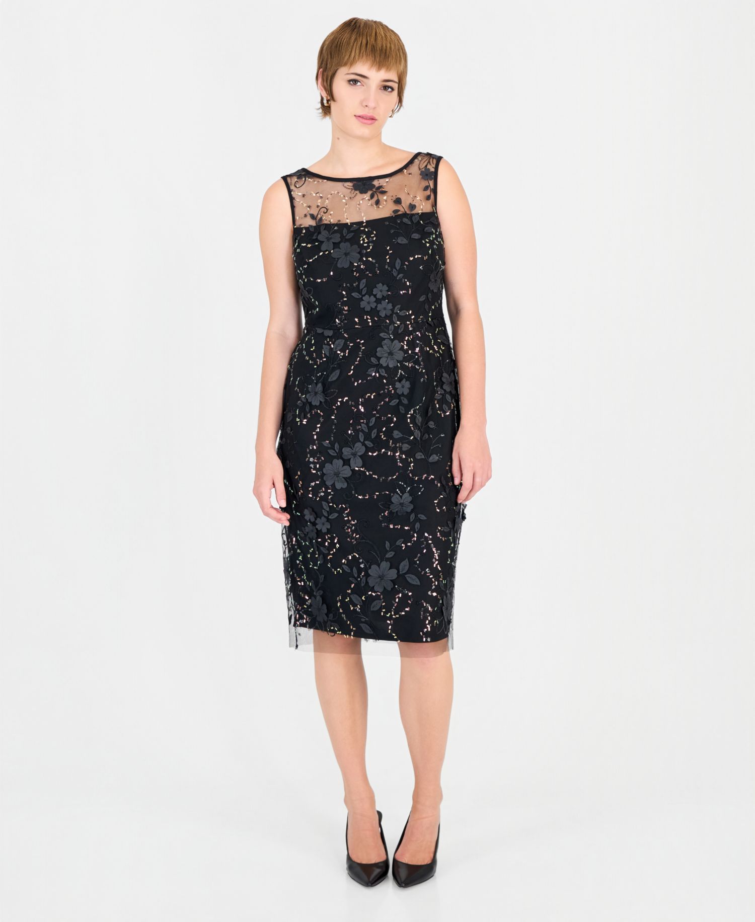 Women's Floral-Print Sequin Boat-Neck Sheath Dress