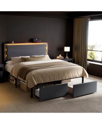  Velvet Upholstered Bed, Adjustable Height Headboard, 2 Storage Drawers, LED Light and Charging Ports, No Box Spring Needed