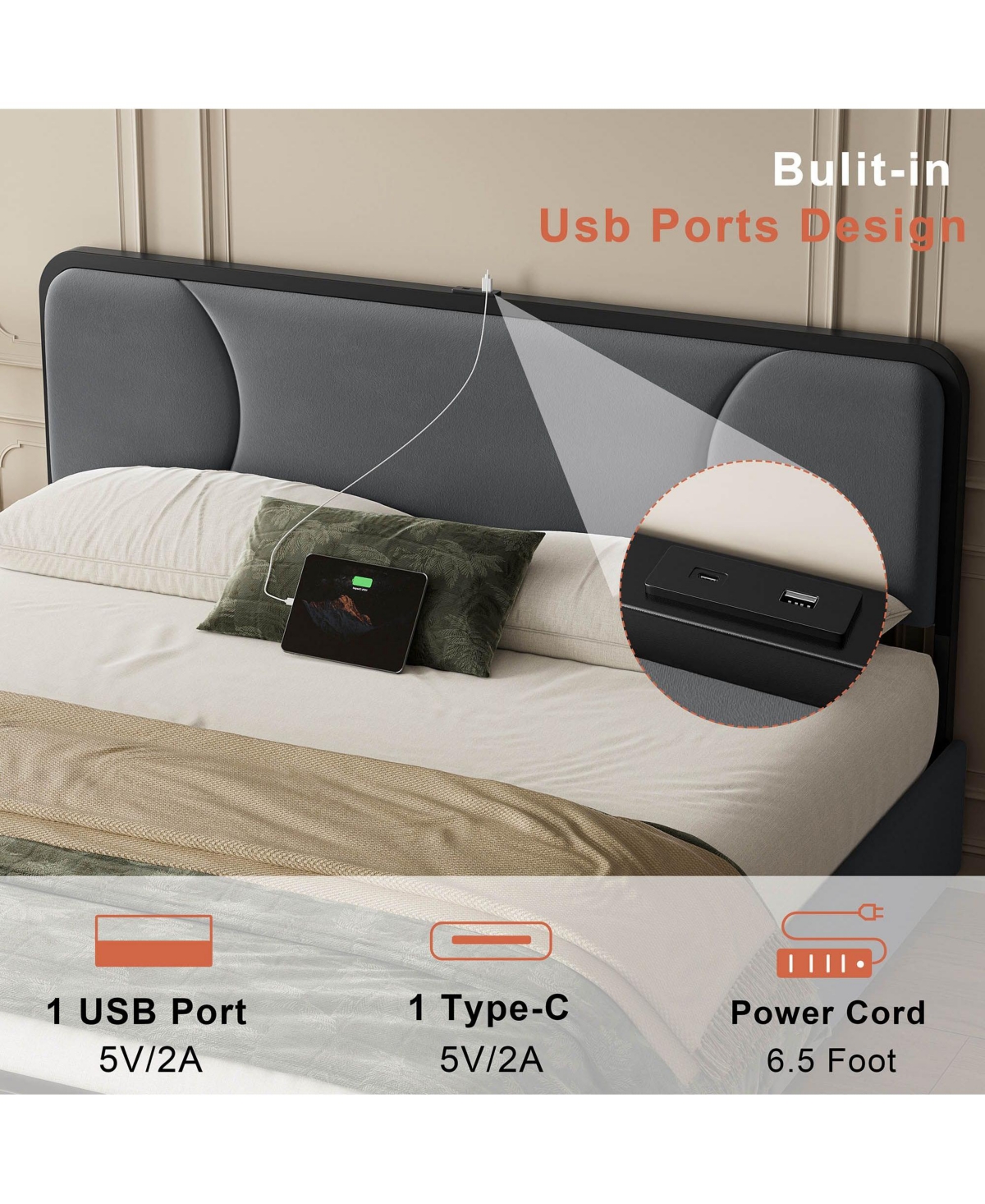 Hausource Curved Tufted Velvet Platform Bed, 4-Position Movable Drawers, Bedside Charging Station