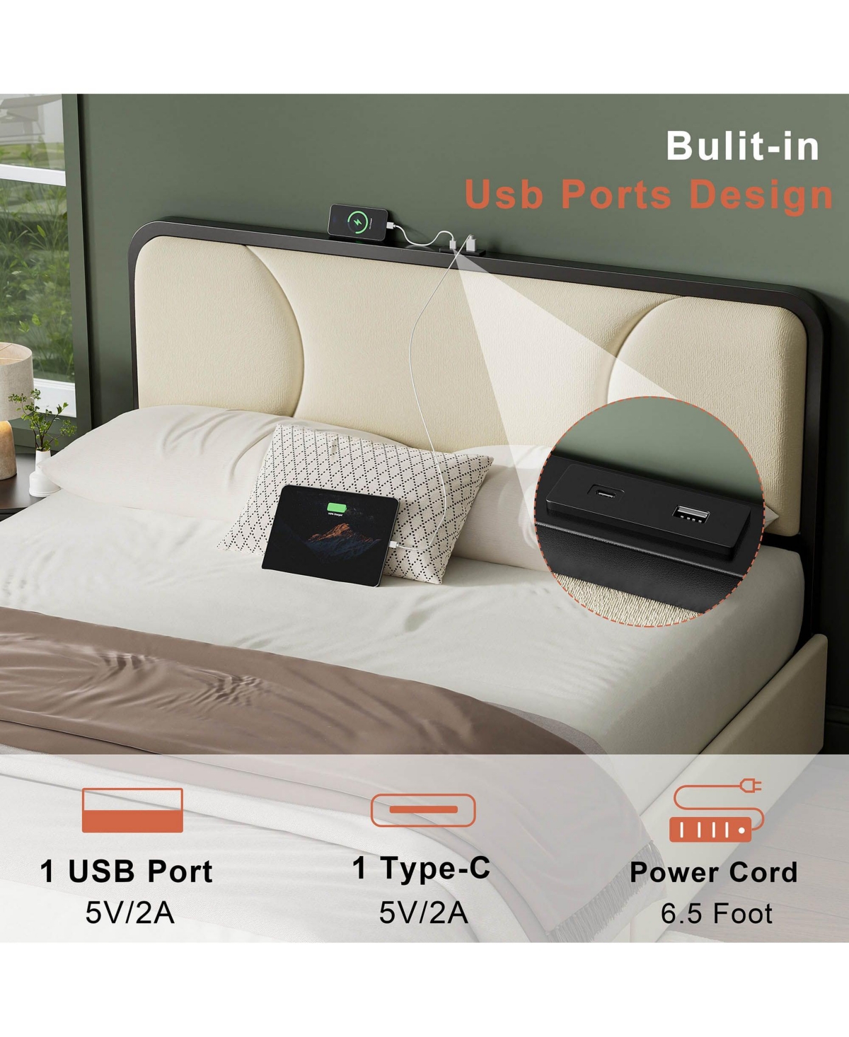 Hausource Curved Tufted Velvet Platform Bed, 4-Way Placeable Underbed Drawers, Bedside Charging Station