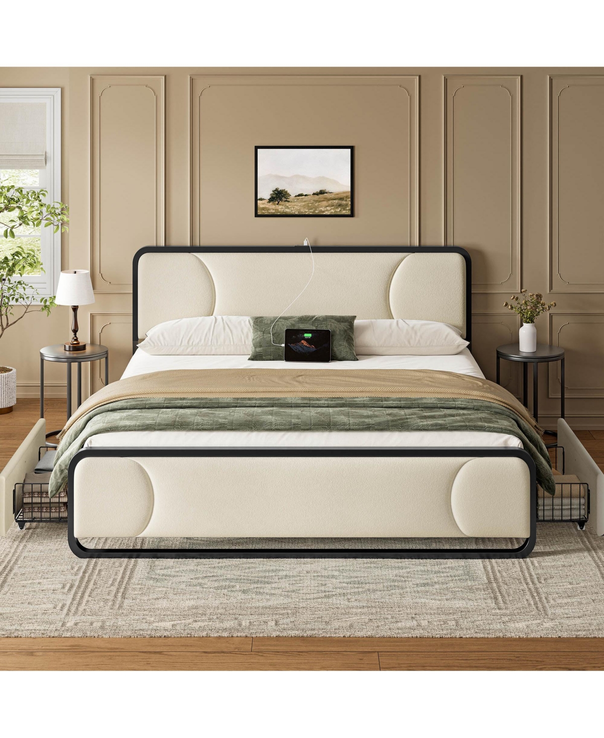 Hausource Curved Tufted Velvet Platform Bed, 4-Way Placeable Underbed Drawers, Bedside Charging Station
