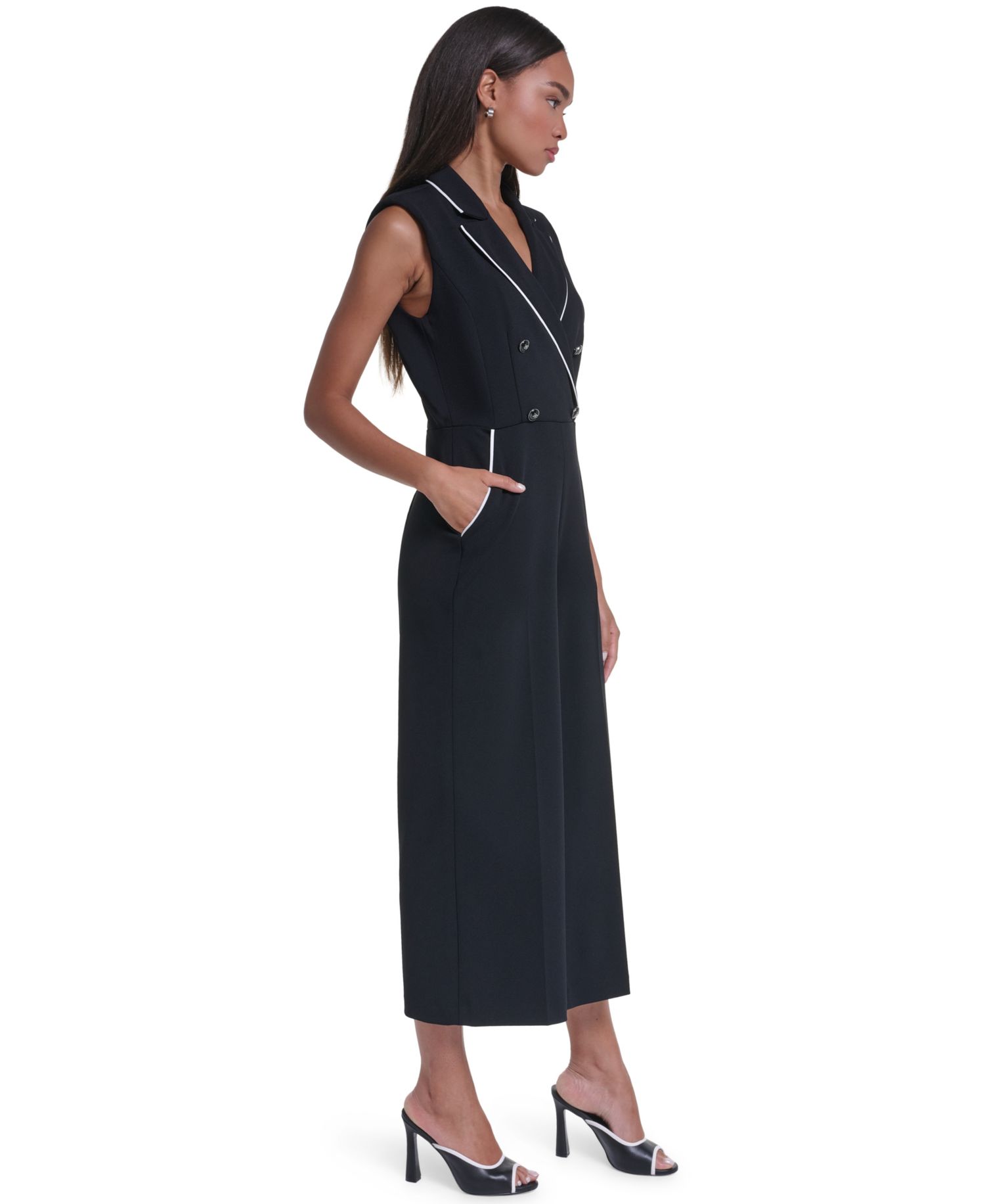Women's Scuba Crepe Sleeveless Collared Wide-Leg Jumpsuit