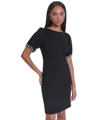 karl lagerfeld black dress with pearls PARIS Women's Boat Neck Sheath Imitation Pearl Sleeve Cuff black babydoll dress lace DEC25WK2 36 lengthPolyester/spandexDry clean Length:36