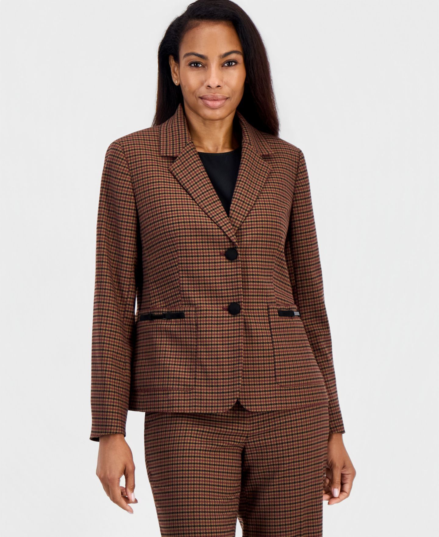 Женские комплекты Kasper Plaid Notch-Collar Patch-Pocket Blazer & Mid-Rise Straight-Leg Trousers, цвет: Коричный разноцветный — фото 2