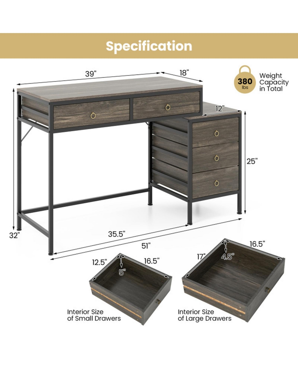 Sugift Computer Desk with 5 Drawers and Side File Cabinet for Home Office