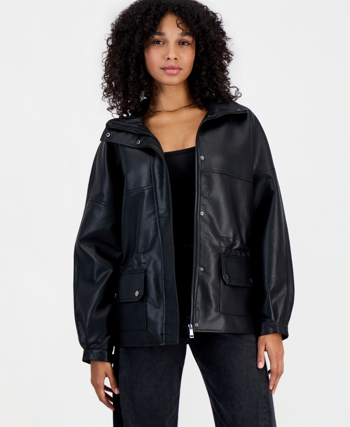 Bar Iii Women's Peplum Oversized Funnel-Neck Faux Leather Jacket, Macy's Exclusive