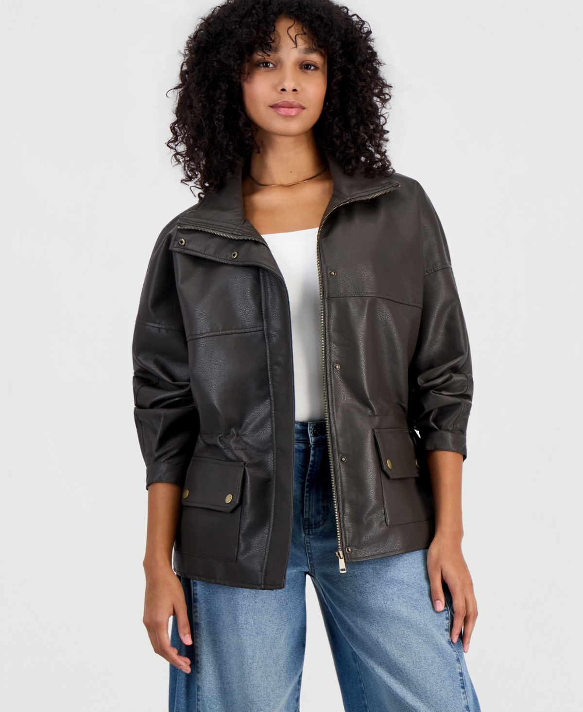 Bar Iii Women's Peplum Oversized Funnel-neck Faux Leather Jacket, Macy's Exclusive In Washed Brown