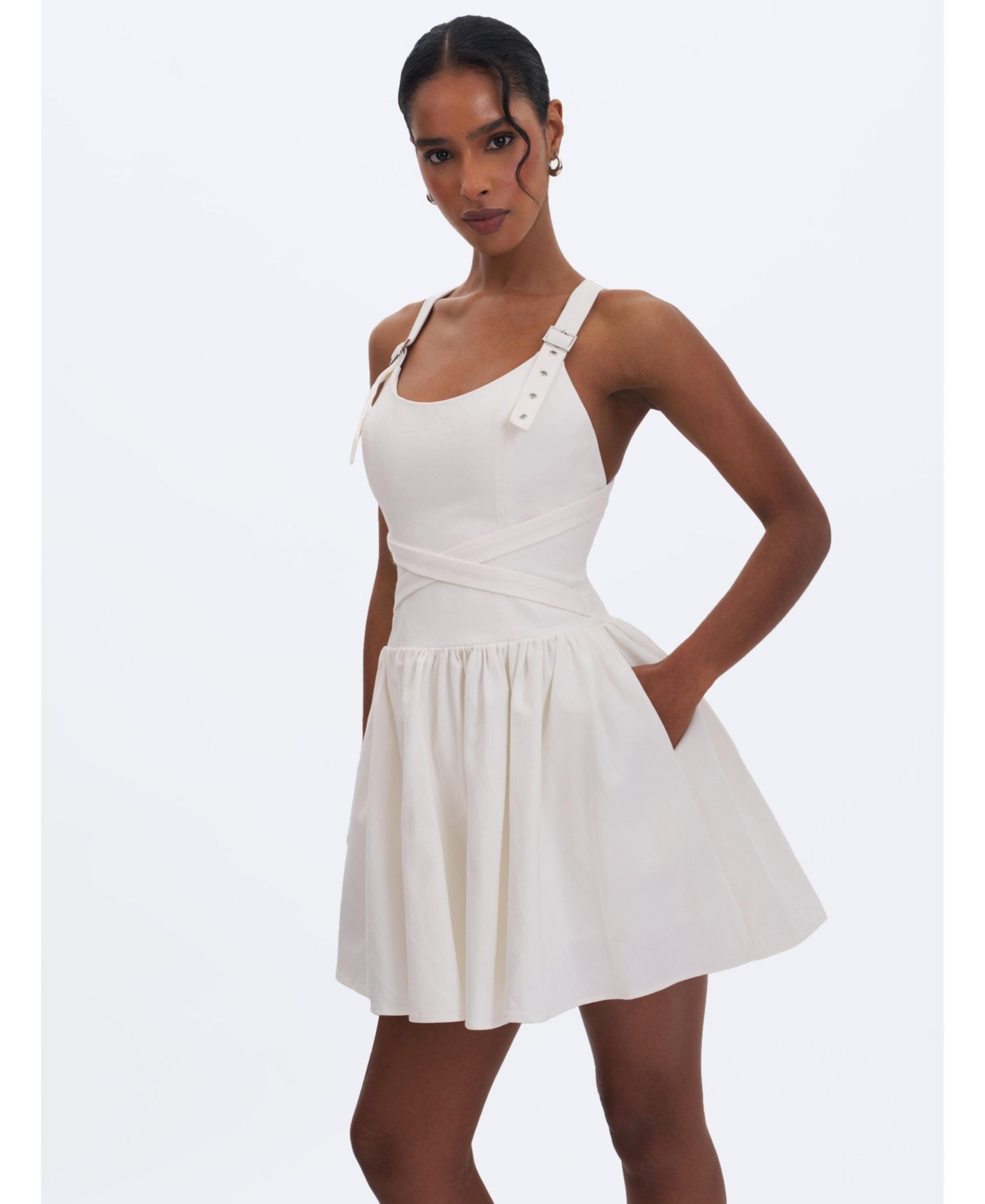 Women's Francine Scoop Neck Crossover Strap Mini Denim Dress