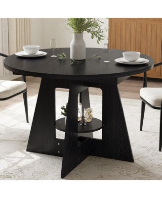 Round Dining Table with Lower Storage Rack, Kitchen Table Featuring Thick MDF Tabletop, Anti-Scratch Surface and Cross Base to Accommodate Four People