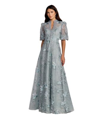 Petite Embroidered Queen Anne Puff Sleeve A Line Gown