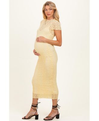 Women's Yellow Sheer Lace Overlay Short Sleeve Midi Dress