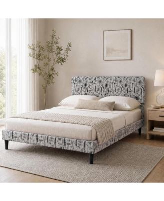 Queen/Full Upholstered Bed Frame with Floral Pattern Headboard, Flannel Fabric Engineered Wood Platform Bed for Bedroom, Floral