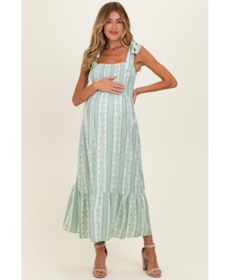 Women's Sage Floral Stripe Smocked Shoulder Tie Midi Dress